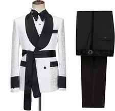 Paisley Floral Men Suits Sets Slim Fit Tuxedo Jacket Pants 2pcs Shawl Lapel Belt