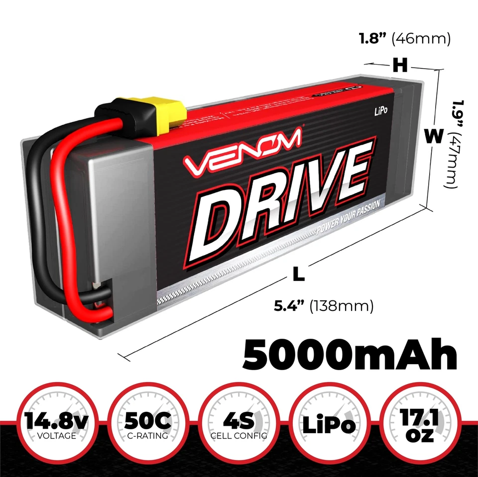 Venom Drive Series 50C 4S - 5000mAh 14.8V LiPo RC Battery, Lithium Polymer 4 ... - Image 2 of 4