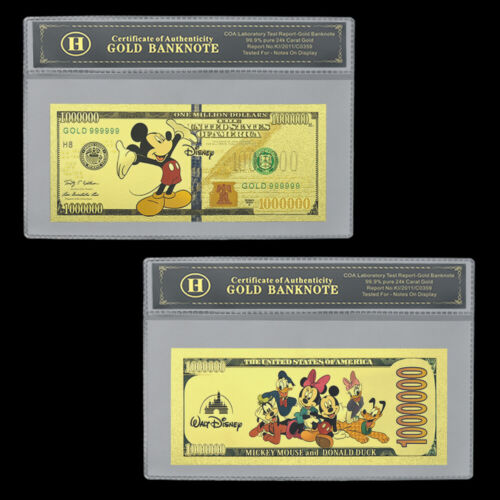 Mickey Maus Goldfolie Banknote Mit Ferrule - Disney - Millionen Dollar - Selten - Afbeelding 1 van 7
