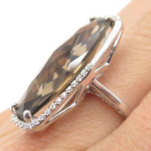 925 Sterling Silver Real Smoky Quartz & White Topaz Ring Size 7 - Picture 2 of 8