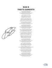 Bun B Signed Autographed That's Gangsta Lyric Sheet Hip Hop Rapper ACOA COA