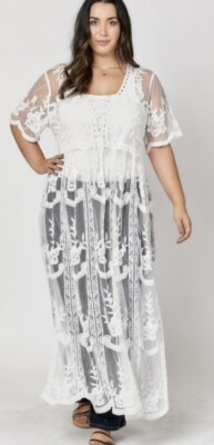 Davi & Dani Long Floral Lace Sheer Cover Up Dress White Plus 1XL/2XL  2XL/3XL New | eBay