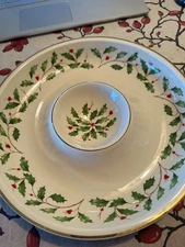 Lenox  Christmas Chip and Dip Server Plate Dish Set Ivory & Gold Holly/no box