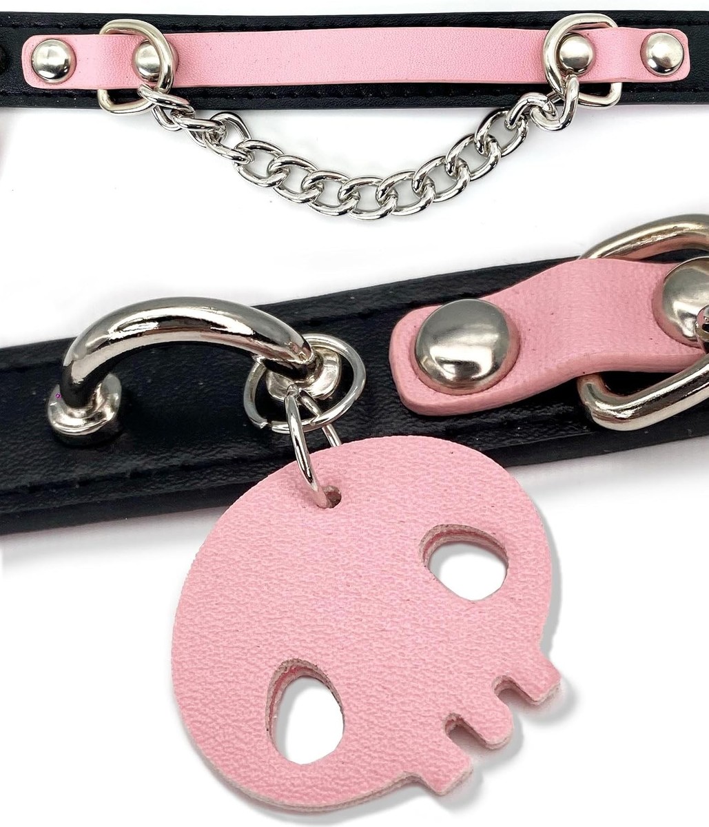 Pink leather skull choker necklace for women, adjustable punk gothic Leather Choker Collar Necklace For Women,Cute Skull Gothic  main image 4
