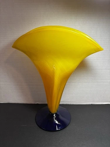 Blenko Glass Yellow & Blue Vase Fan Shape Signed 2000 Chip And Small Mark C Pics