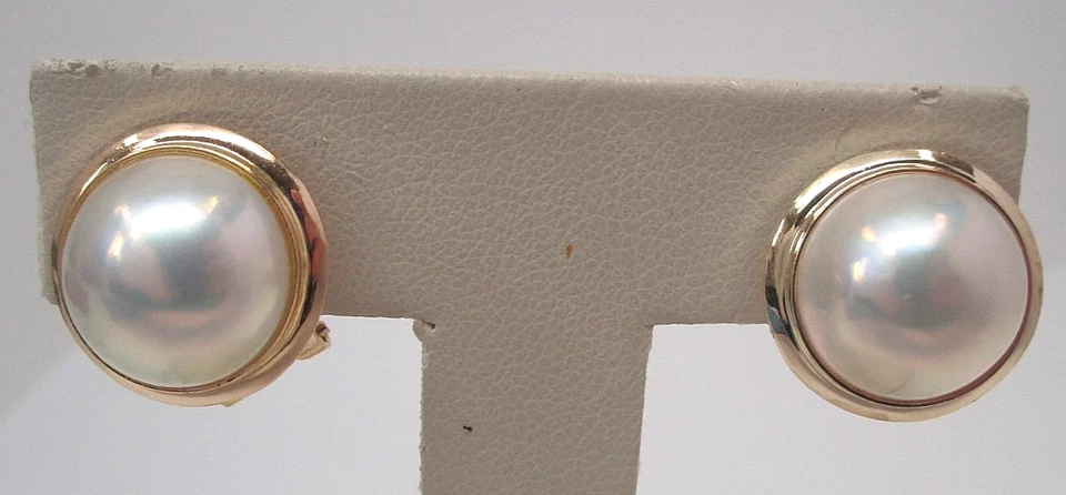 Vintage 14k Yellow Gold Post Clip Omega Back 12mm Pearl Stud Earrings - Image 3 of 4