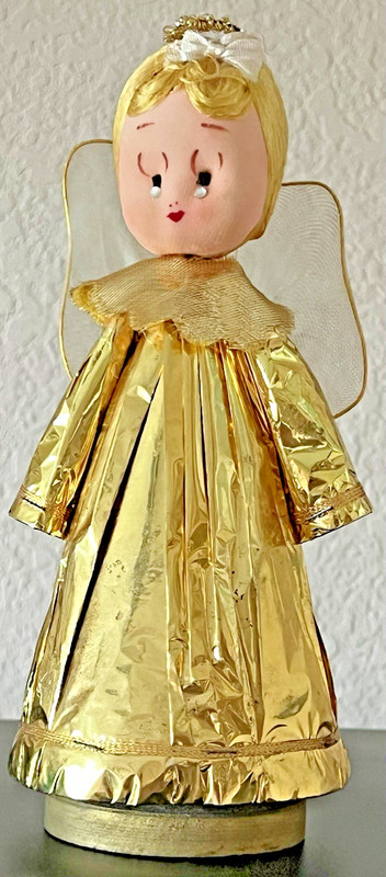 VTG Gold Foil Blonde Angel Music Box Revolves Plays "Silent Night" Jewel Eyes 9"