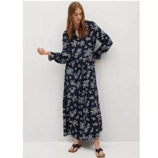 MANGO women's blue pink leaf print round neck long sleeve long maxi size 2 NWT