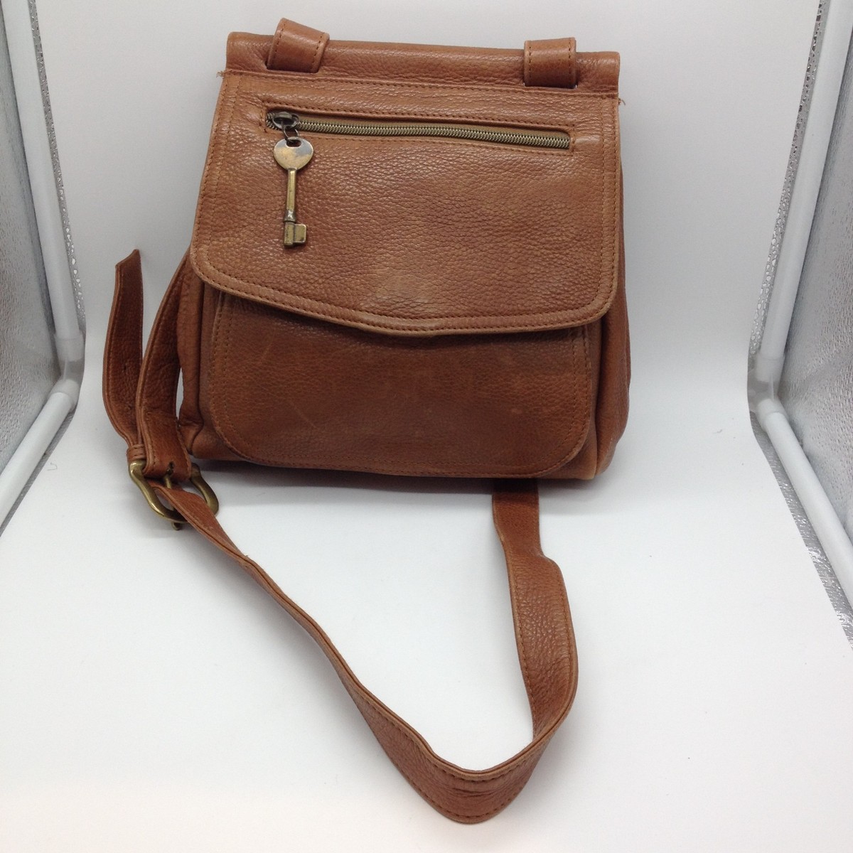 Vtg Fossil Brown Leather Crossbody Bag Purse 1954 Key 75082