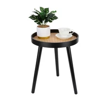 Rattan Round Side Table, Black Small Accent Table, Modern Boho Bedside Mid-Ce...