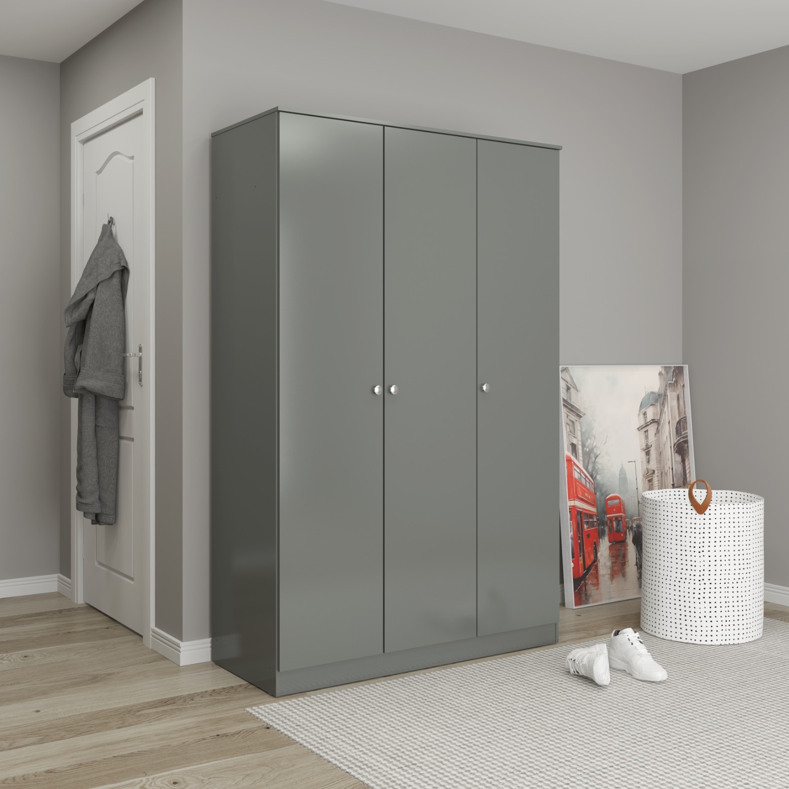 Seconique Denver 3 Door Wardrobe - Grey Gloss - Image 2