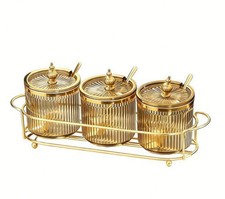 3Pack Round Spice Jar Set with 3 Spoons,Gold Storage Rack for Kitchen Seasoning