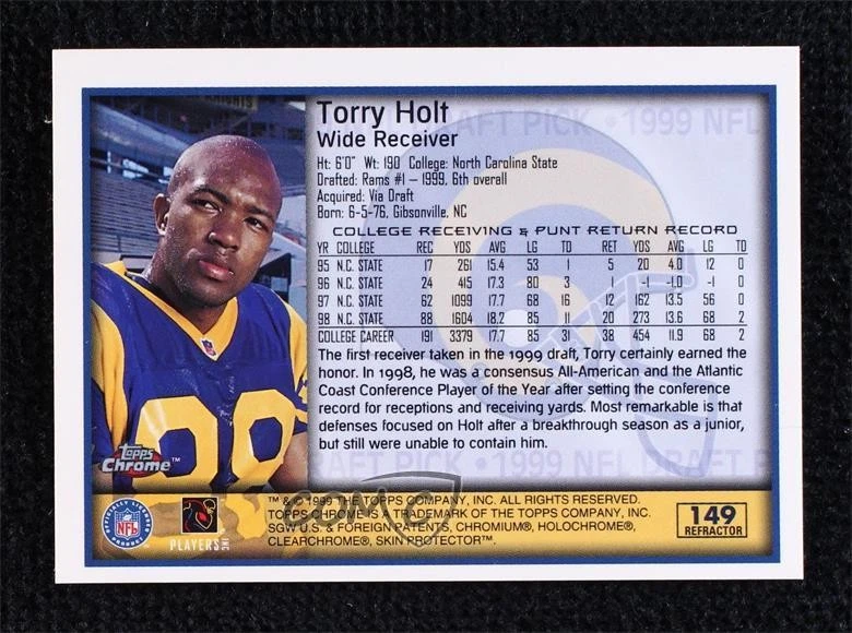 1999 Topps Chrome 1999 NFL Draft Pick Refractor Torry Holt #149 Rookie RC - Image 2 of 2