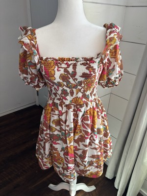 Cleobella Dress Womens XS Kira Mini Cotton Garden Floral Smocked Puff Sleeve