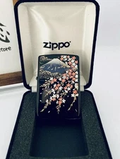 Zippo Mt. Fuji Sakura Makie Lacquer Gold Inside Unit Black Lighter Velor Japan