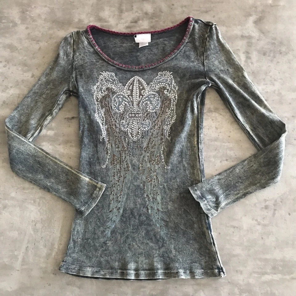 VTG Y2K Vocal Top Small Medium Cyber Grunge Biker Cross Wings Goth Fleur De Lis