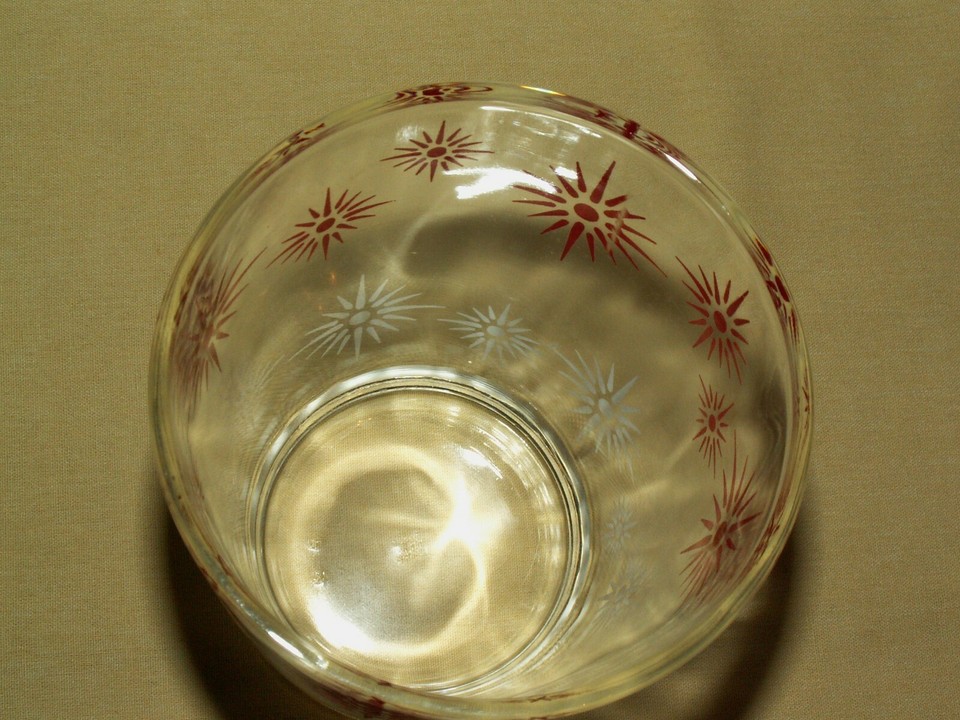 HAZEL ATLAS GLASS RED WHITE STAR SUN BURST BARWARE BEVERAGE TUMBLER B9