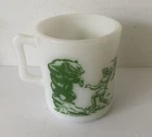 Vintage GREEN Davy Crockett Frontiersman White Milk Glass Mug Cup