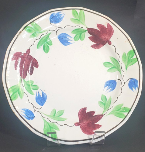 19th C.English Pearlware Stick Spatter Plate 9 Inch Purple Green Blue