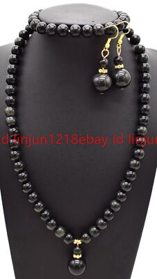 Natürliche 6/8/10/12 mm Schwarz Obsidian Runde Perlen Anhänger Halskette Ohrringe 18/7,5 Zoll