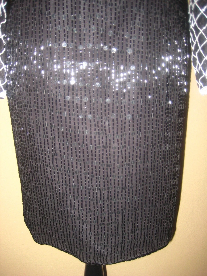 Vestido de noche vintage Stenay negro seda blanco cuentas/lentejuelas LS espalda abierta forrado 4 Foto 3 de 4