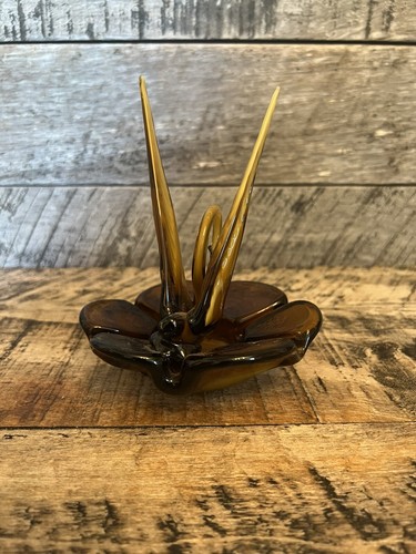 Swan Centerpiece Brown-Amber Art Glass Blown Dish Candy Dish Ashtray Jewelry - Picture 6 of 10