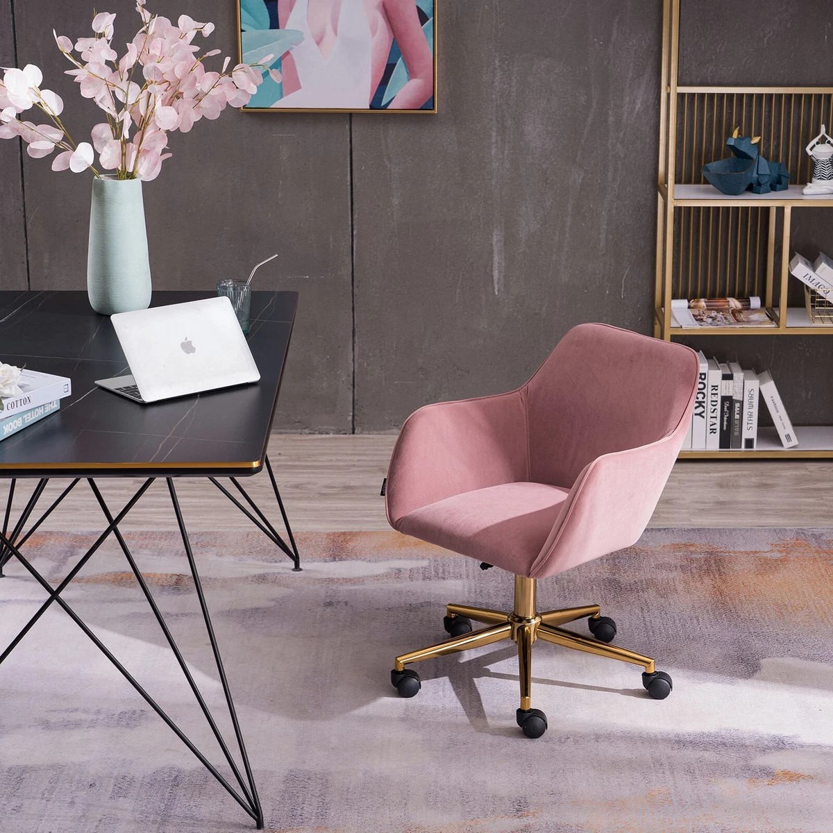 Modern Velvet Pink Material Adjustable Height 360 Revolving Home
