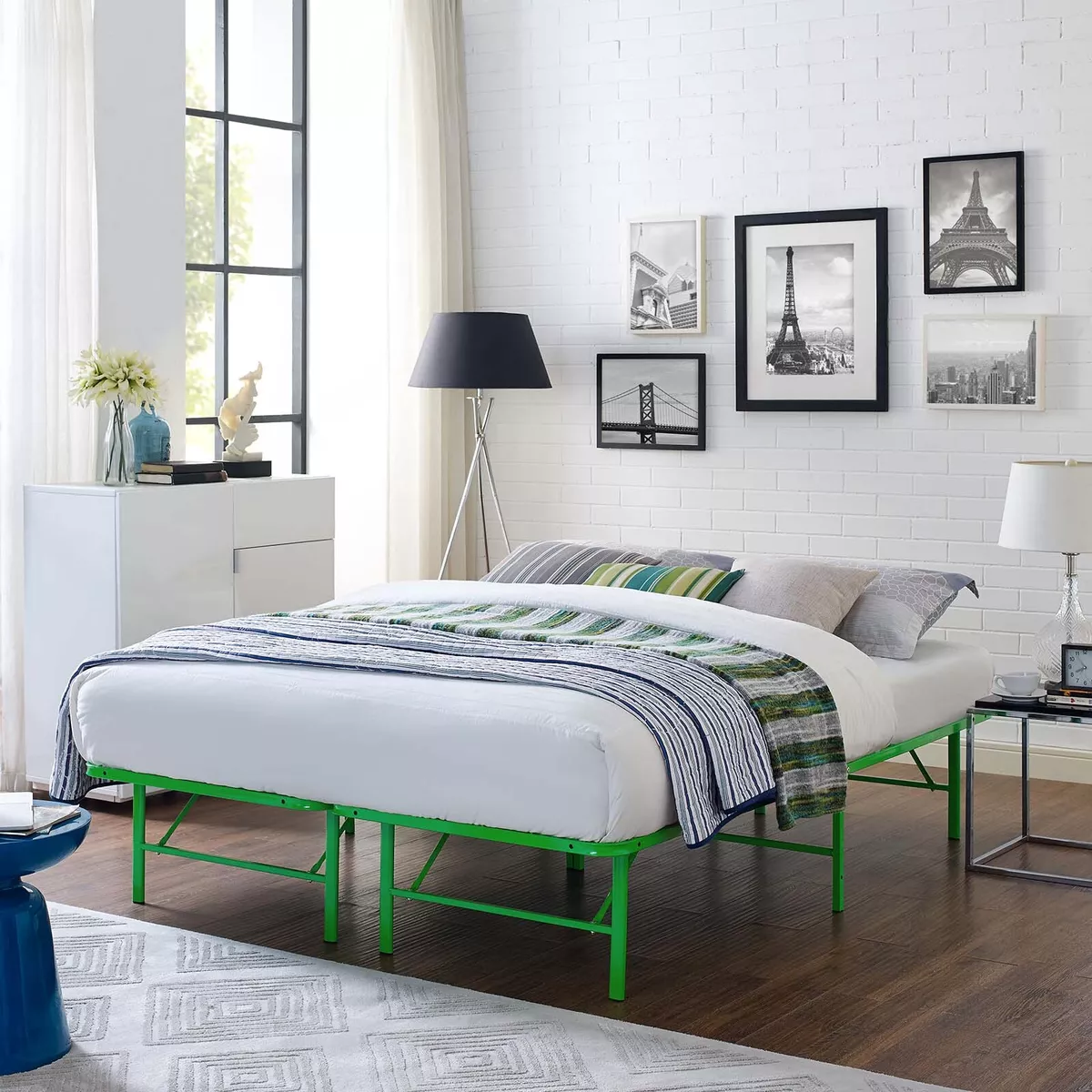 Folding Portable Low Profile Green Steel Metal Queen Size Bed