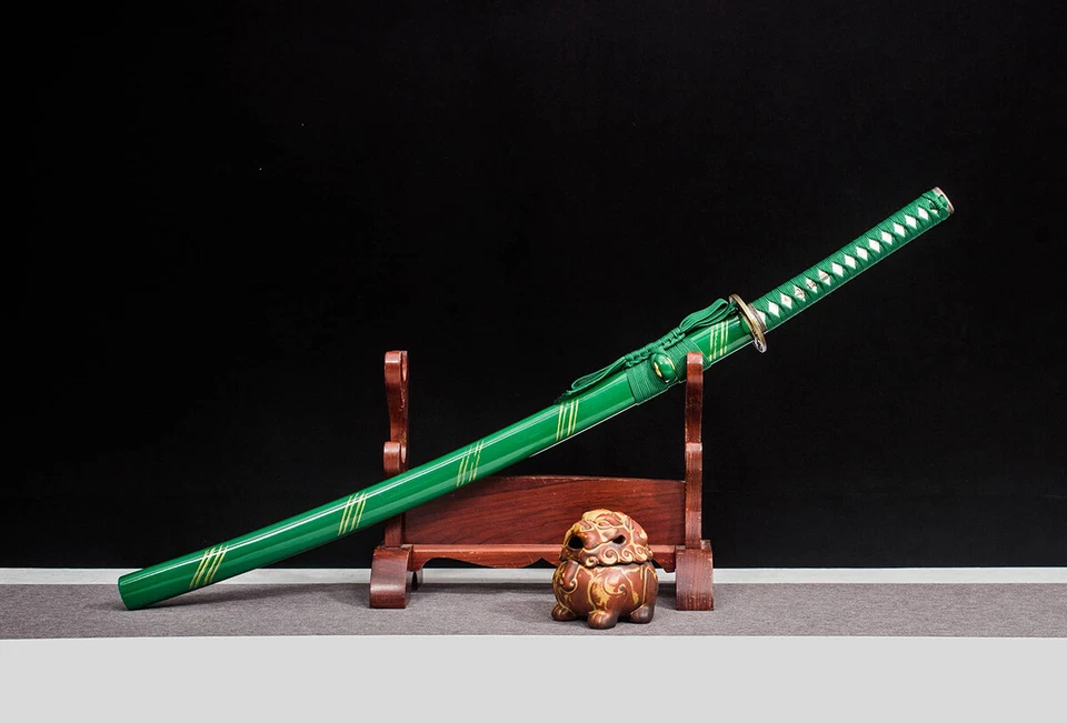 Espada Katana verde afilada hecha a mano lista para la batalla 1095 acero samurai japonés Foto 3 de 4