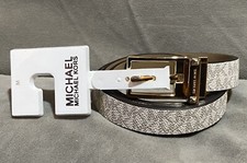 Michael Kors MK Slim White Logo Print Leather Belt, Medium, 78