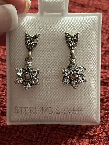 NACHLASS VINTAGE OHRRINGE STERLINGSILBER 925 CZ UND MARKASITEN STEIN BLUME