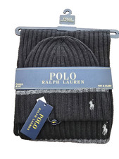 Polo Ralph Lauren Men's 2-Piece Lambswool Blend Hat Scarf Set Black/Gray Trim OS
