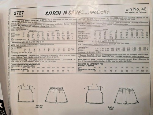 Shorts Tank Top Girls 2 3 4 5 6 McCalls 2727 Stitch N Save Sewing Pattern Summer - Picture 4 of 4