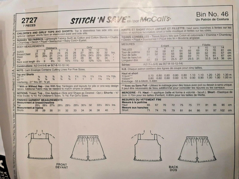 Shorts Tank Top Girls 2 3 4 5 6 McCalls 2727 Stitch N Save Sewing Pattern Summer - Image 4 of 4
