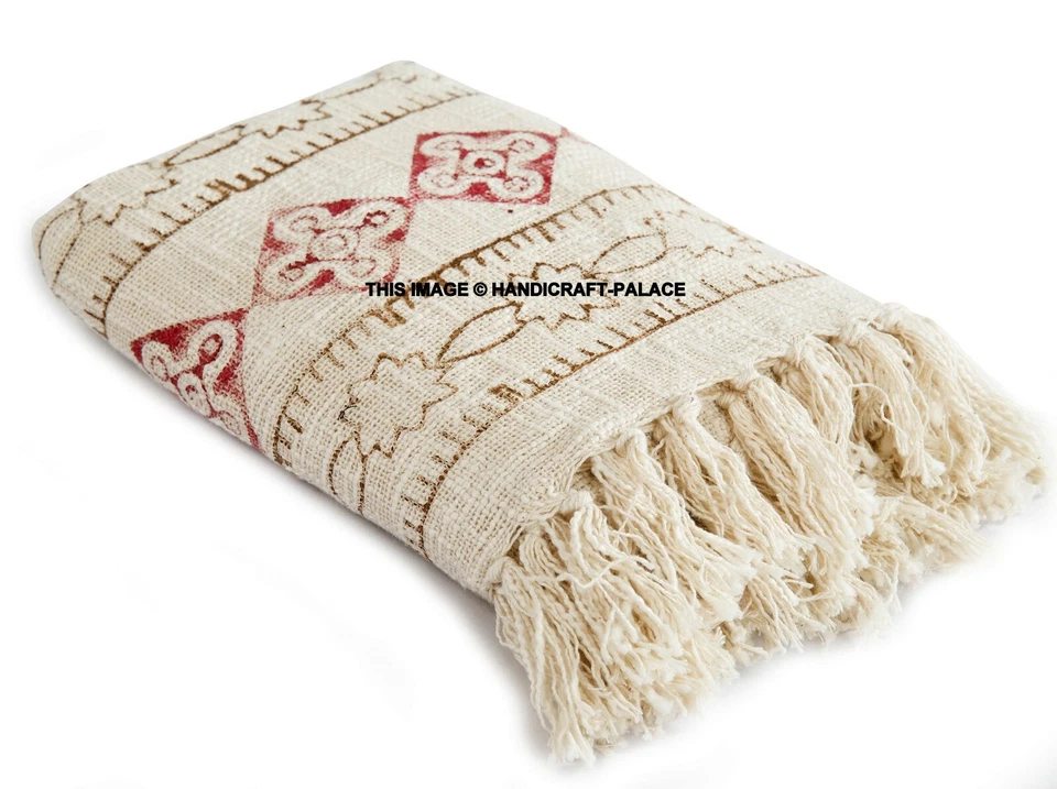 LARGE 100% Cotton Woven Sofa / Bed Throw Indian Hand Block Print Blanket Bedding - Image 2 of 3