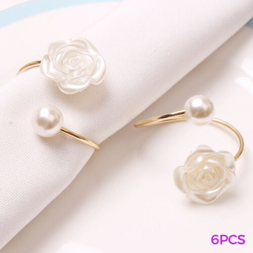 6x Napkin Rings Simple Rose Flower Pearl Design Elegant Table Decor for Wedding - Picture 1 of 5