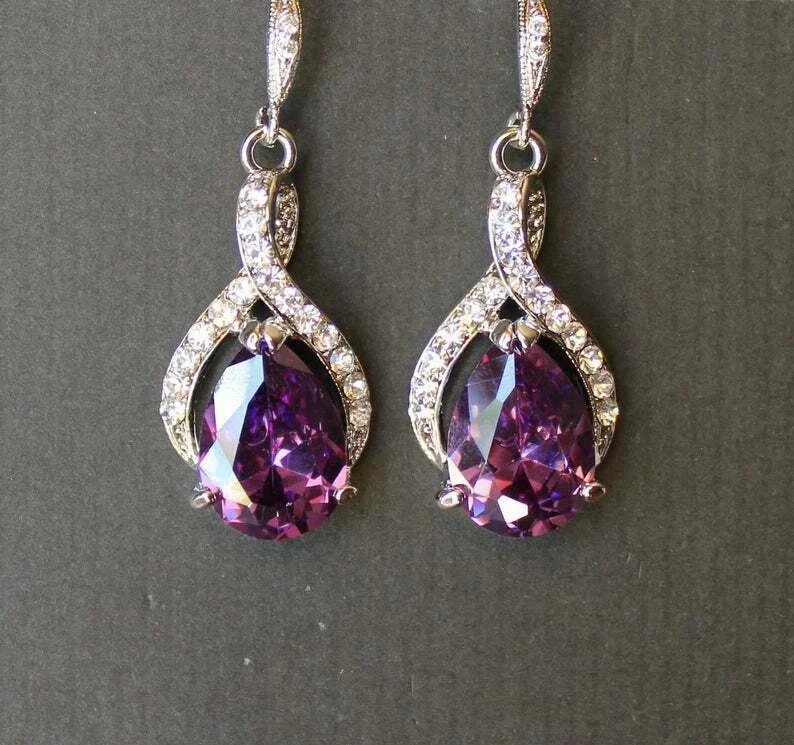 Pendientes colgantes y colgantes de diamantes de amatista talla pera de 4 quilates de oro blanco de 14 quilates para mujer Foto 3 de 4