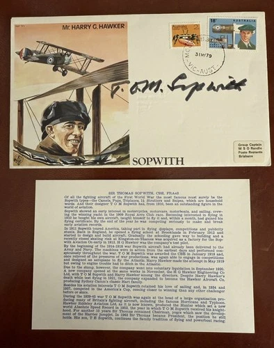 RAF WW1 Sopwith WW2 Hurricane Signed Tommy Sopwith First Day Cover July 1973