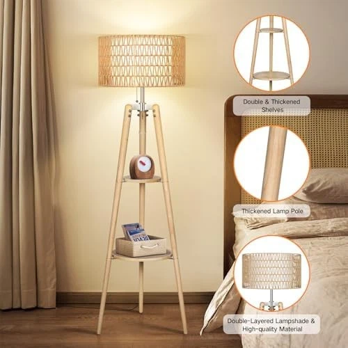Boho Rattan Tripod Floor Lamp with Shelves, Dimmable Mid Century Modern Stand... - Image 4 of 4