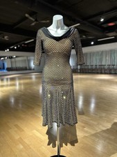 Latin American Rhythm Ballroom Dress, Black Rhinestoned Net Over Nude Mesh