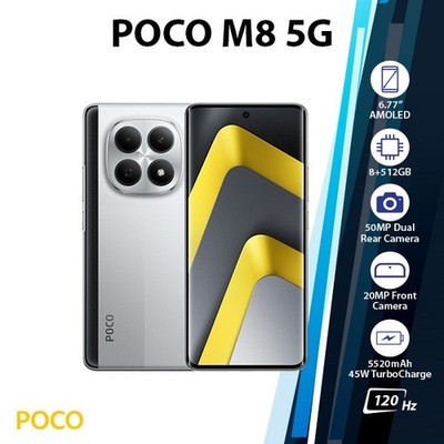 Xiaomi POCO M8 5G Android Cell Phone (8GB+512GB/SILVER/Dual SIM/Unlocked)