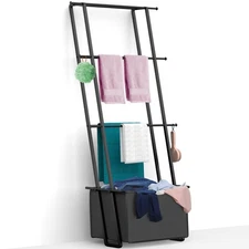 Blanket Ladder Towel Rack with Basket, Wall Leaning Ladder Towel Rack Blanket...
