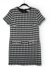 BEBOP Black/White HOUNDSTOOTH TWEED Zip FLAP FAUX POCKETS Frayed SHEATH DRESS L