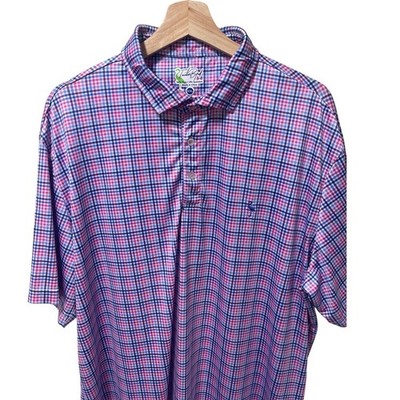 TailorByrd Mens XXL Pink Blue Plaid Performance Polo Shirt Flamingo Logo