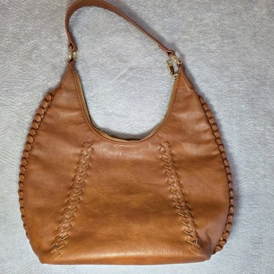 Moda Luxe Cognac Hobo Bag Faux Leather Braided Trim Shoulder Crossbody
