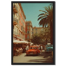 Vintage Mediterranean Street Scene Framed Canvas Print Retro Wall Art Decor