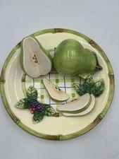 Vintage 80s Ganz Decorative Majolica 3D Relief Pear Fruit Plate with Bamboo Trim