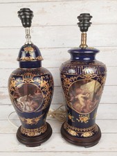 Vienna Style Cobalt Blue & Gold Porcelain Lamps - Cherubs - Wooden Bases - 55cm