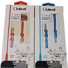Lot of 2 QuikCell Auxiliary Audio Cable 3.5mm Liquid Red Blue Blaze 3Ft 1M Color