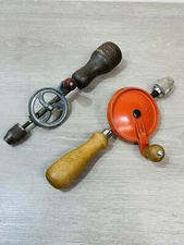 2 Vintage USA Made Gears Egg Beater Style Hand Drill Wood Handles